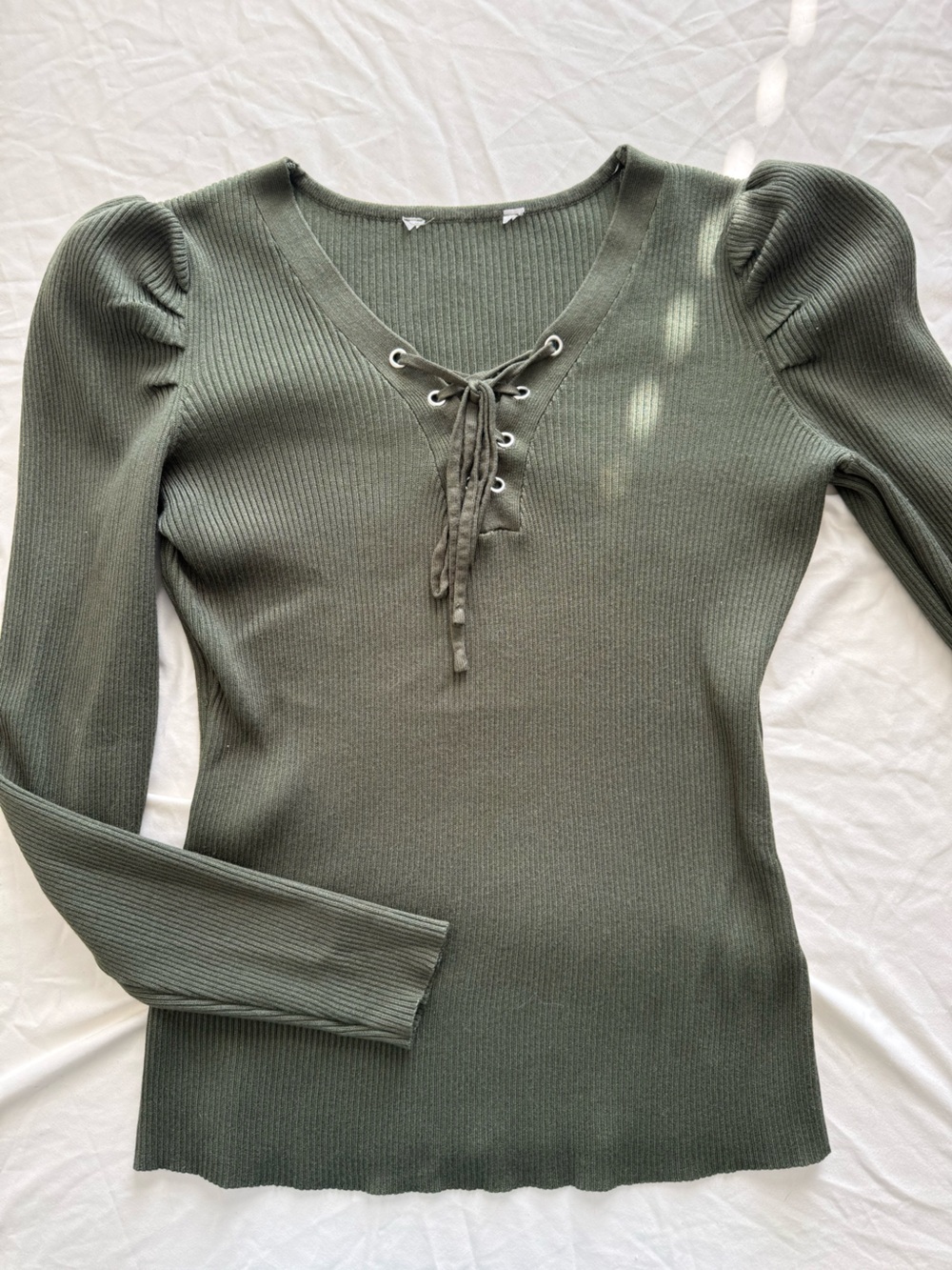 Women’s Olive Ribbed Lace-Up Puff Sleeve Top Earthcore Goblincore